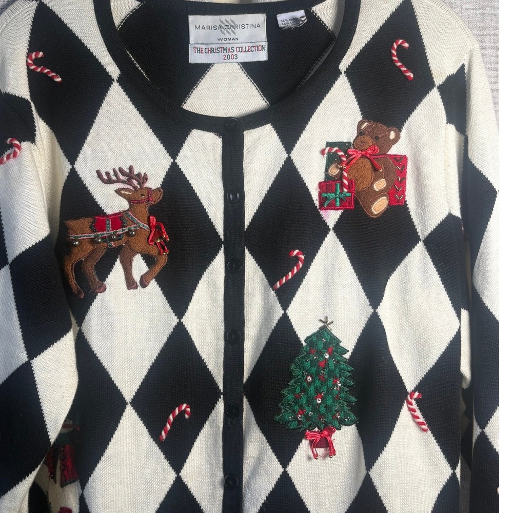 Marisa Christina Christmas Collection 2003 Argyle Holiday Cardigan Sweater L